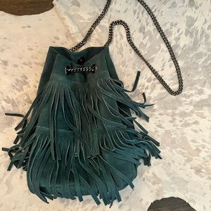 Blue/green suede fringe bucket bag